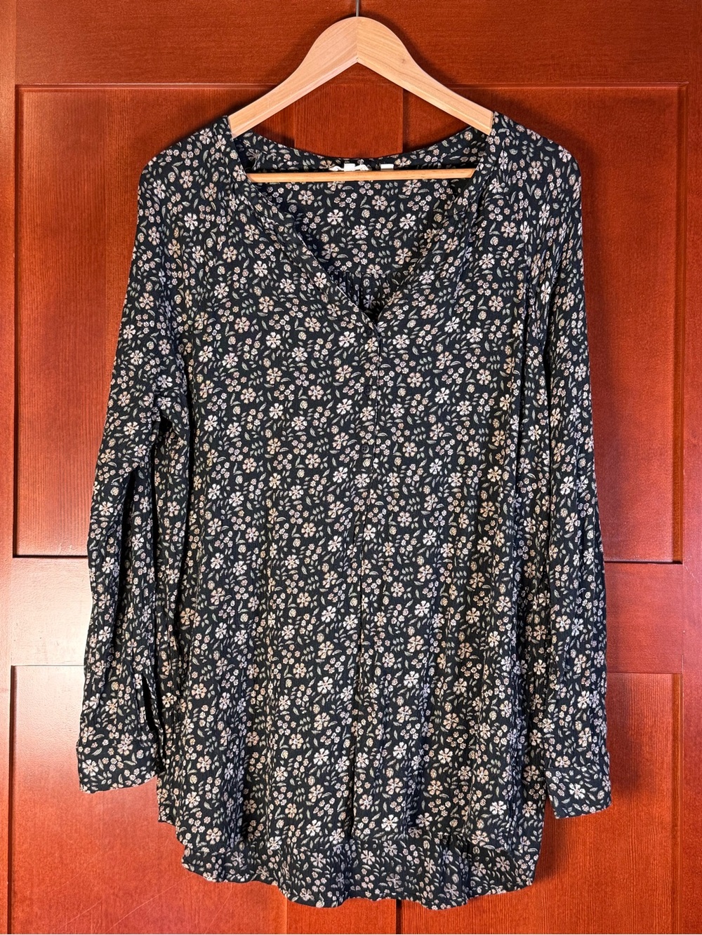 FatFace Black Floral Long Sleeve Tunic Blouse Size 12 Relaxed Boho Top